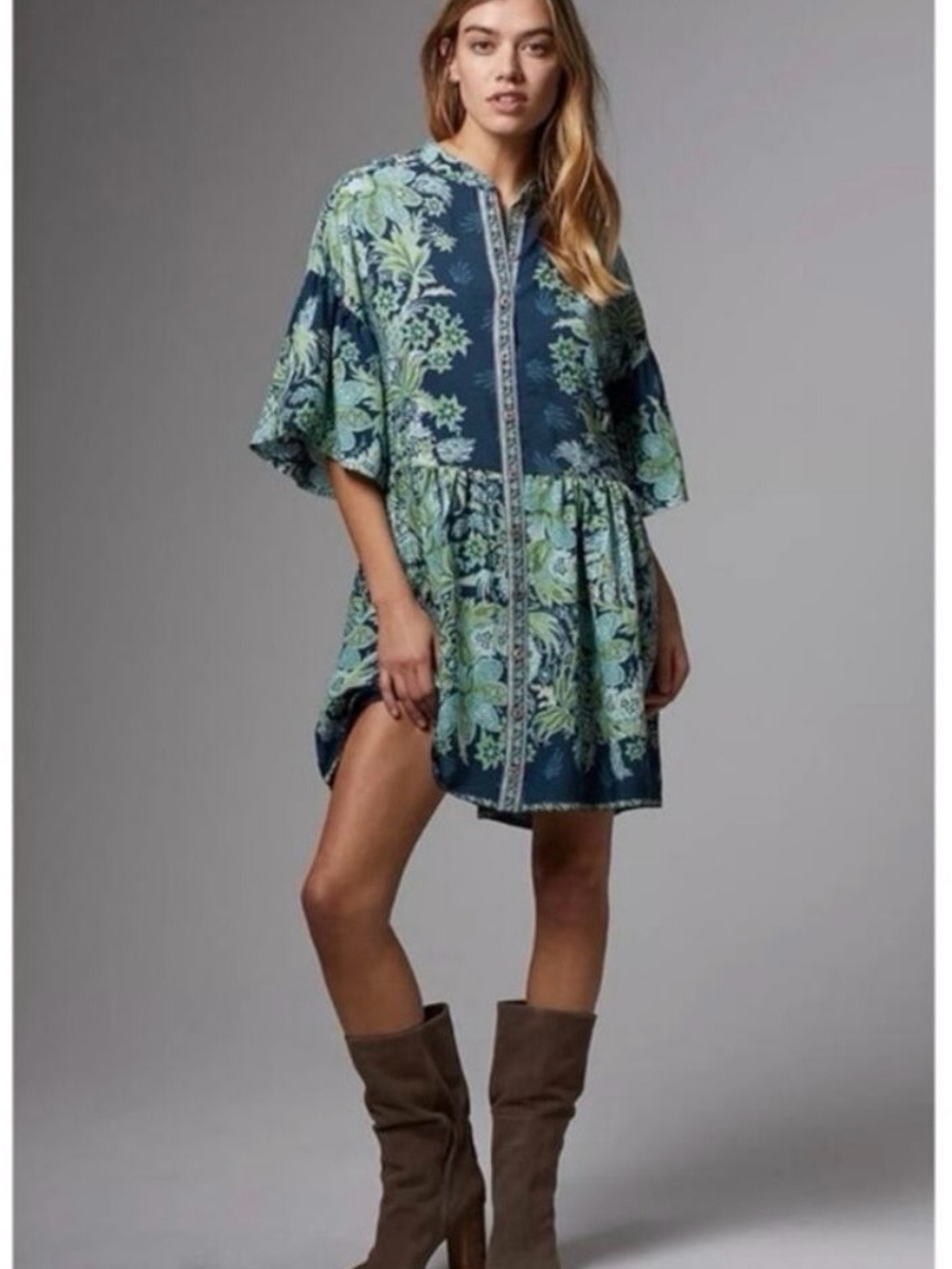 Anthropologie Navy and Green Floral Mini Dress